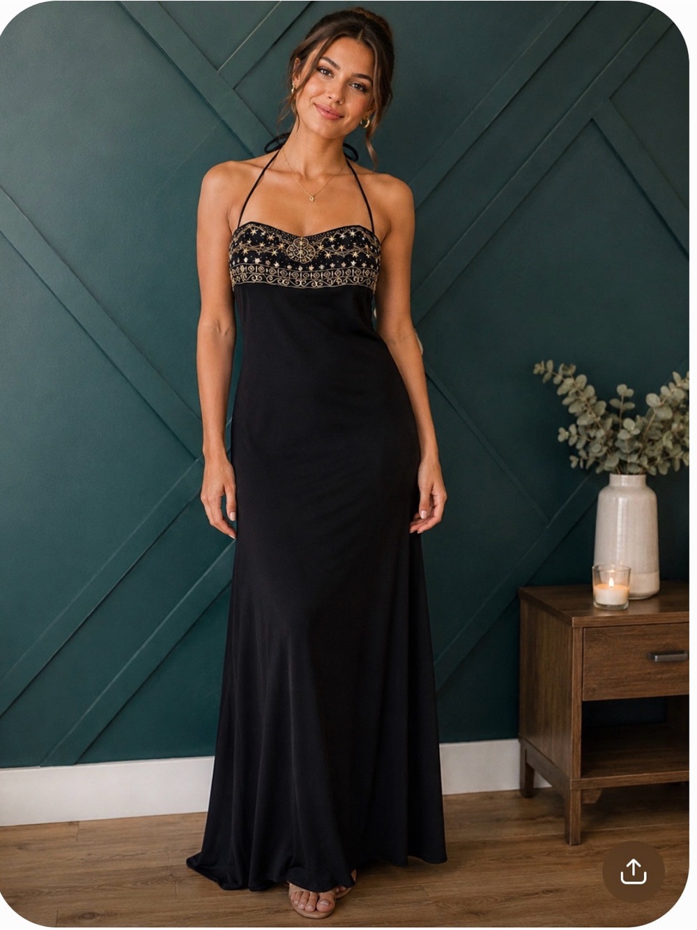 Morgan & Co Black Halter Y2K Dress with Gold Beaded Bodice Evening Prom Elegant